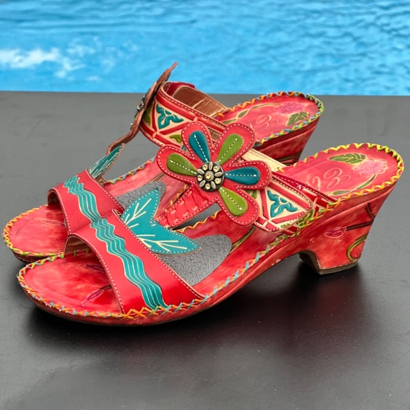 Corkys Elite Artsy Mule Heels Red Leather Floral Slip On Heeled Sandal Size 9 - Picture 6 of 16